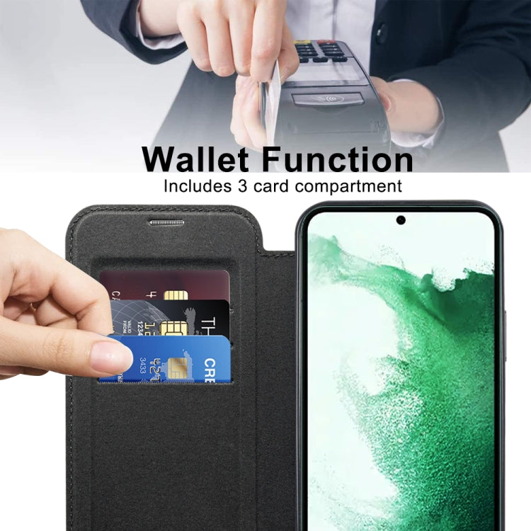 For Samsung Galaxy S22+ 5G MagSafe Magnetic RFID Anti-theft Leather Case in black, showcasing its sleek design and RFID protection features.